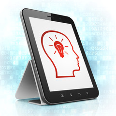 Advertising concept: Head With Lightbulb on tablet pc computer
