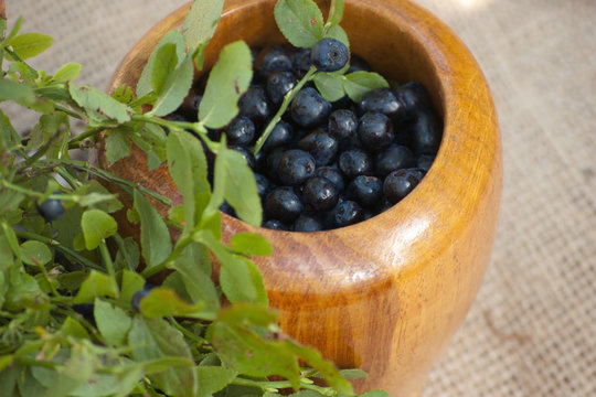 mortar wirh blueberries and green leaves