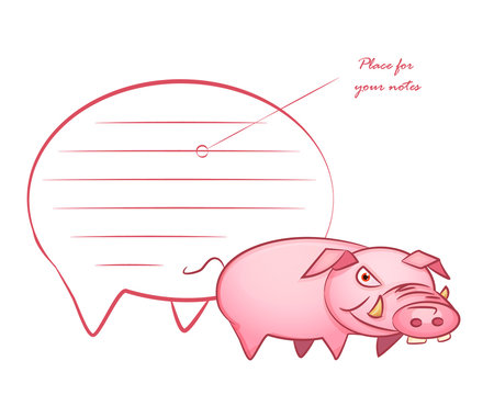 Cartoon illustration of a pig with a card for notes