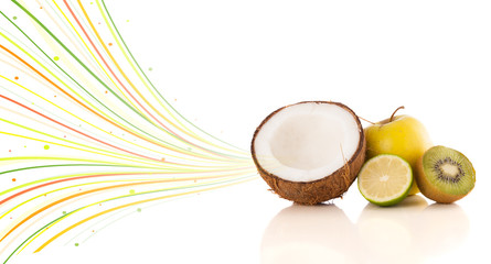 Healthy tropical fruits with colorful abstract lines