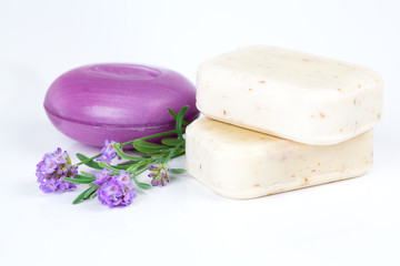 Lavender soap and lavender flower, isolated on white background