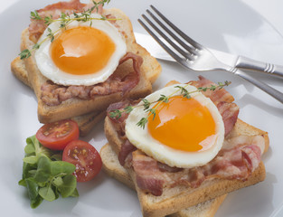 Two bacon and fried egg sandwiches on a plate