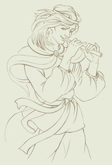 Vector illustration. Boy playing the flute