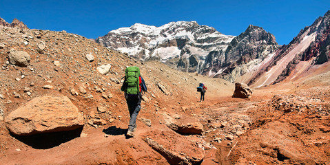 Hikers trekking in the Andes, Argentina, South America