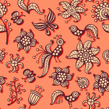 Cute seamless pattern with birds, butterflies and flowers