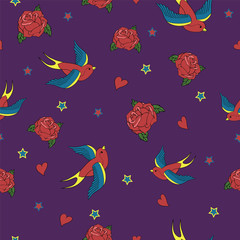 Vector seamless with birds, roses and stars