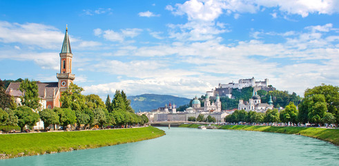 Salzburg skyline with river Salzach, Salzburger Land, Austria