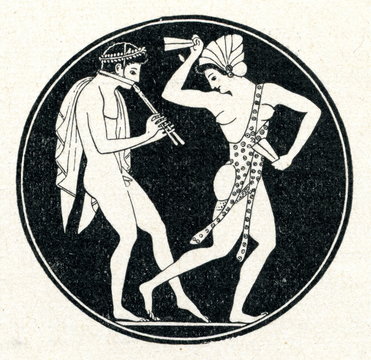 Epiktetos red-figure plate: flute-player and dancer