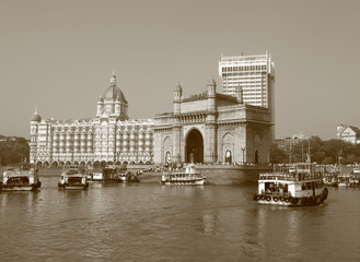 Gate of India and famous  hotel Taj Mahal Palace in Mumbai