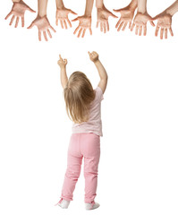 Little girl trying to reach streched hands