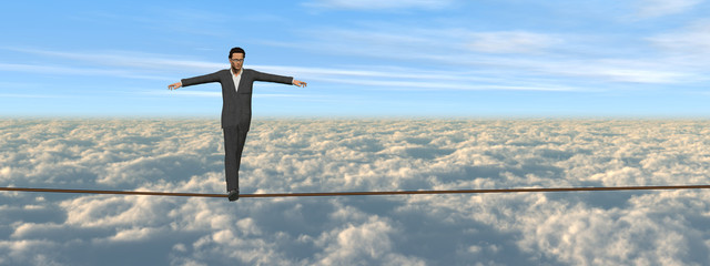 Conceptual 3D business man on rope banner
