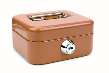 Brown metal cash box isolated on white background.
