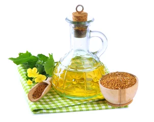 Foto op Plexiglas Jar of mustard oil and seeds with mustard flower © Africa Studio