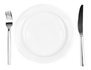 Knife, color plate and fork, isolated on white