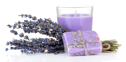 Obraz na płótnie Canvas Lavender candle with soap and fresh lavender, isolated on white