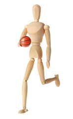 Wooden mannequin with basketball ball on grey background