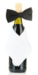 Black bow tie on wine bottle isolated on white