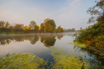 Fototapeta na wymiar Autumn misty day on a River. Beautiful place.