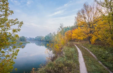 Cercles muraux Automne River And Road. Autumn Landscape.