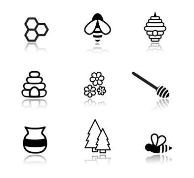 Honey and bees black vector icons