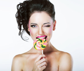 Coquette. Funny Quaint Brunette with Colorful Lollipop