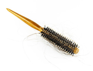 round hair brush with lost hair, isolated on white