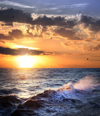 Panele Szklane  Wzburzone morze z zachodem słońca i ptakami / piękna pogoda
