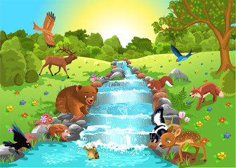 animals drinking water from the brook