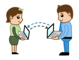 Data Transfer Between Laptops - Business Cartoon Characters