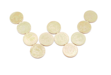 Letters of coins on a white background