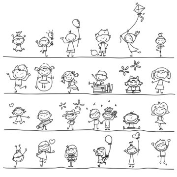 hand drawing cartoon happy kids