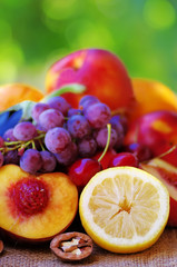 Fototapeta na wymiar Slices of lemon and peach, fruits in background