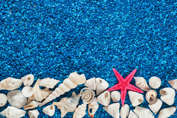 Star-fish and seashells on sand, centered, simetric