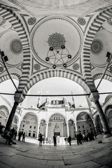 Inside the walls of a traditional Turkish Mosque, wide fisheye v