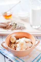 Fitness breakfast with healthy muesli and seeds