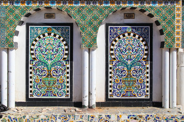Traditional Arabic Mosaic in Tunisia (Medina). Painted tiles. Co