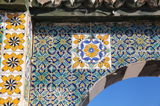 Traditional Arabic Mosaic in Tunisia (Medina). Painted tiles. Co
