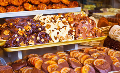Temting Belgian chocolate and cookies in the confectionary