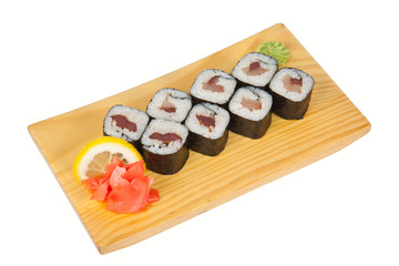 Sushi rolls with rudderfish isolated on white
