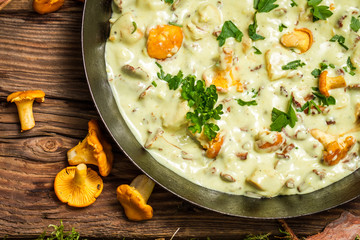 Closeup of fresh mushrooms cooked in a pan with cream