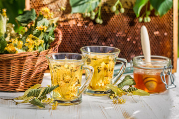 Tea with lime and honey served in the garden