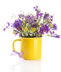 Beautiful bouquet of wildflowers in cup, isolated on white