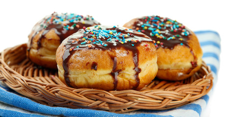 Tasty donuts with chocolate, isolated on white
