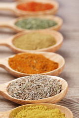 Assortment of spices in wooden spoons on wooden background