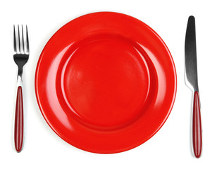 Knife, color plate and fork, isolated on white