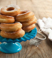 Fresh donuts with powder sugar. Selective focus