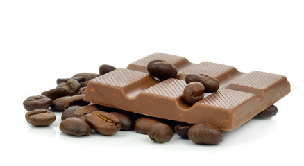 Coffee flavoured chocolate on a white background with beans