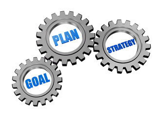 goal, plan and strategy in silver grey gears