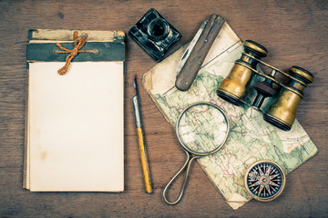 Notebook, compass, map, binoculars, pen, knife, magnifying glass