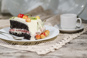 Slice of bird-cherry flour cake